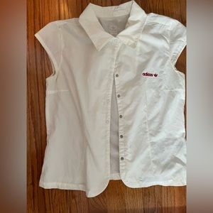 2 Med Adidas snap up sport short sleeve shirt in turquoise blue and white -EUC